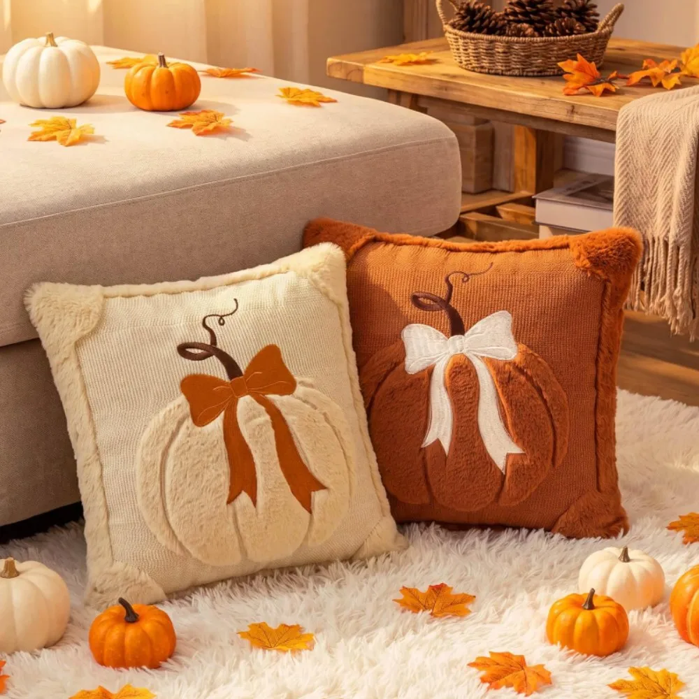 1/2pcs Gift Fall Throw Pillow Covers 18x18 Inch Fall Pumpkin Decoration Plush Faux Fur Autumn Thanksgiving Pumpkin Pillow Cases