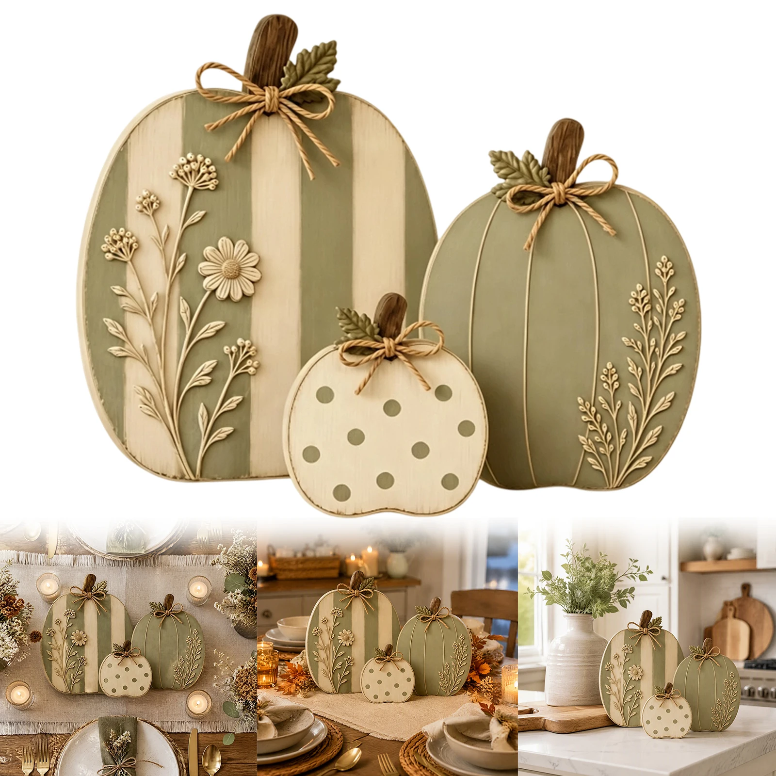 Harvest Party Centerpiece Wooden Pumpkin Trio Sage Green Cream Floral Farmhouse Fall Tabletop Decor