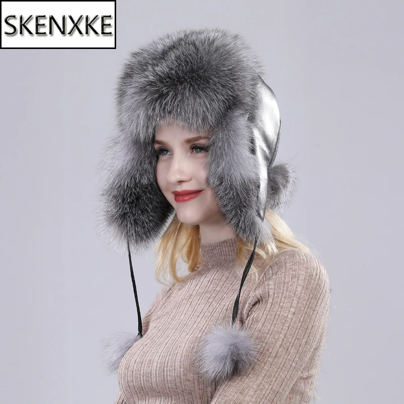 

Hot sale women winter keep warm 100% real fox fur bomber hats Natural quality fur cap Female outdoor real Sheep leather hat