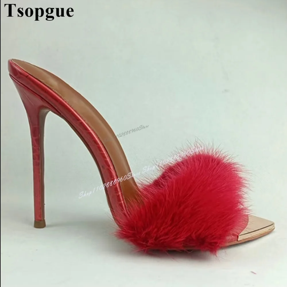 

Elegant Red Metal Toe Furry Slippers Cut Heel Stilettos High Heel Shoes For Women Slip On Open Toe Casual Party Women Slippers