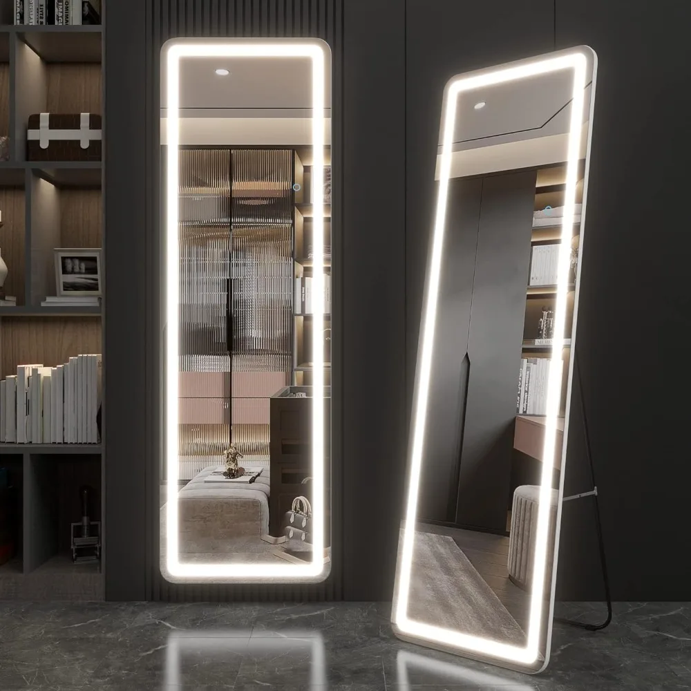 مرآة كاملة الطول مع مصابيح ليد ، مرآة مضيئة مثبتة على الحائط ، إضاءة تعتيم 3 ألوان ، جسم كامل ، 63 × 20 بوصة