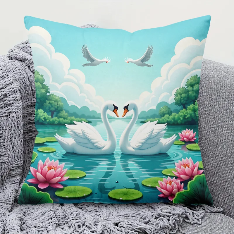 1pc 2D Flat (Pillow Not Included) Romantic Swans Lotus Pond Love Cushion Cover Short Plush Wedding Decor Throw Pillow Case