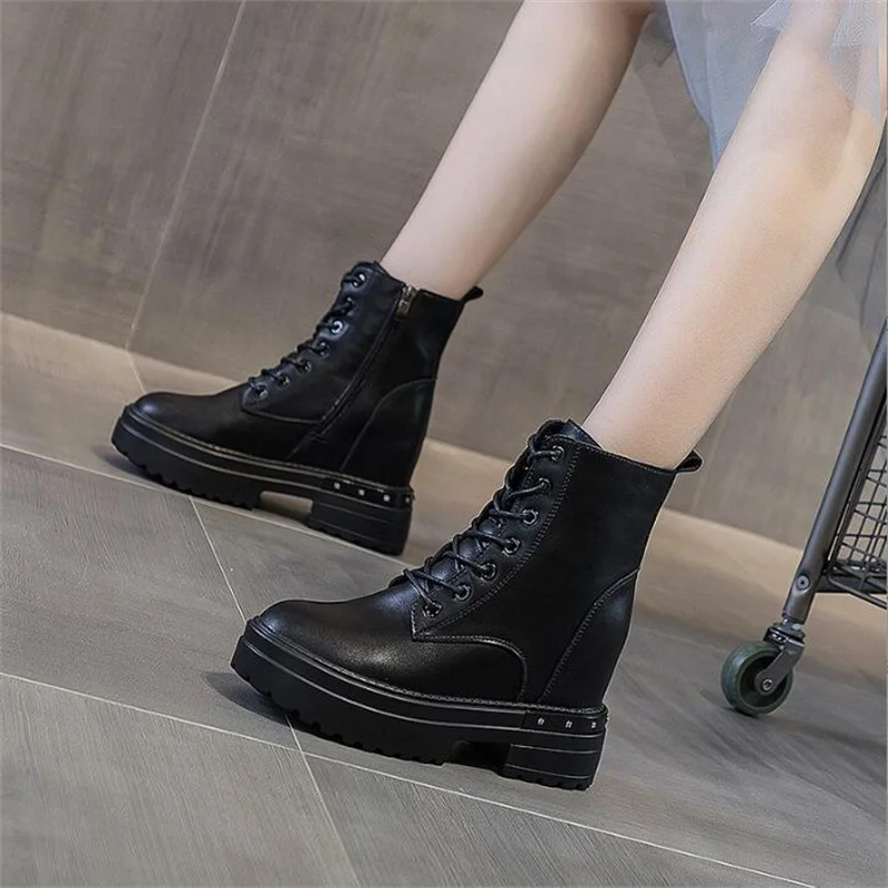 Women Ankle Boots Autumn Leather Chunky Shoes Woman High Platform Breathable Sneakers 9CM Thick Sole Wedges Motorcycles Boots