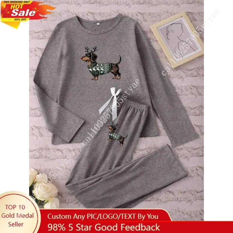 

Women's Long Sleeve Pajama Set, Cartoon Christmas Sausage Dog Print Sleepwear, Fitted Casual Spring & Fall Loungewear, Snug Fit