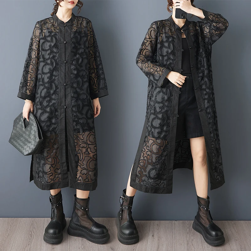 Elegant Chinese Style Embroidered Heavy Work Hollow out Long Sleeve Women's Windbreaker Fashionable Loose Fit High Waist