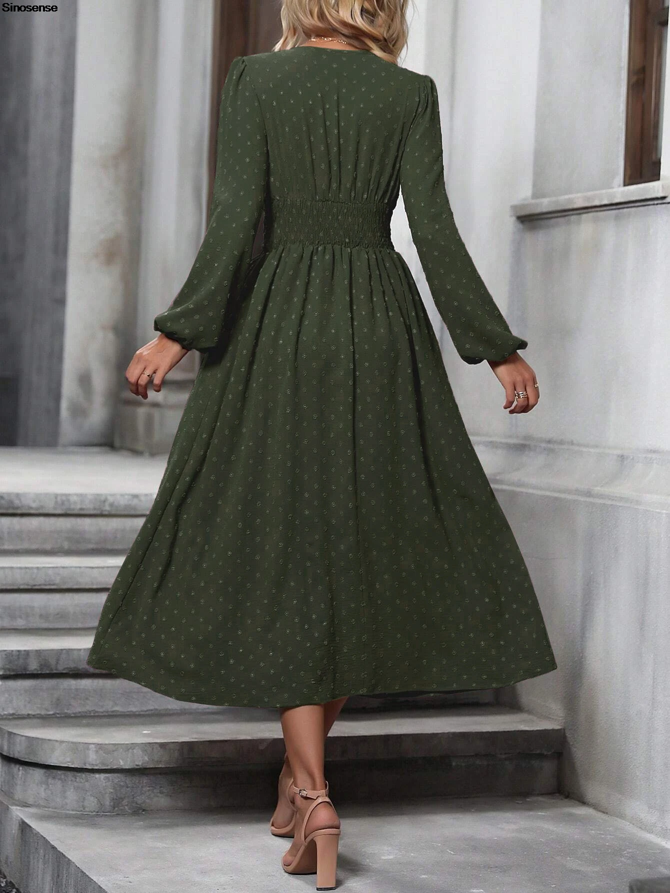 Abito lungo da donna autunno manica lunga scollo a V Swiss Dot Boho smock a vita alta abito lungo fluido a trapezio elegante abito da ospite di nozze
