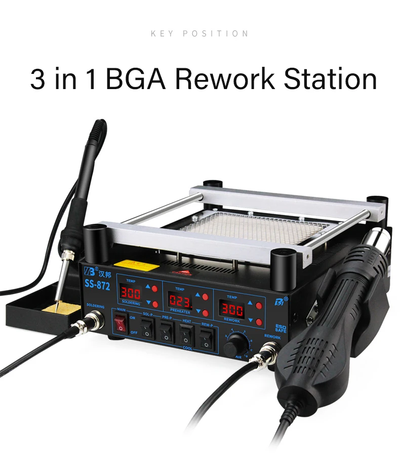 SS-872 New Smd Desoldering Soldering Iron Infrared Hot Air Bga Soldering Rework Station 3 in 1 for mobile phone pcb components