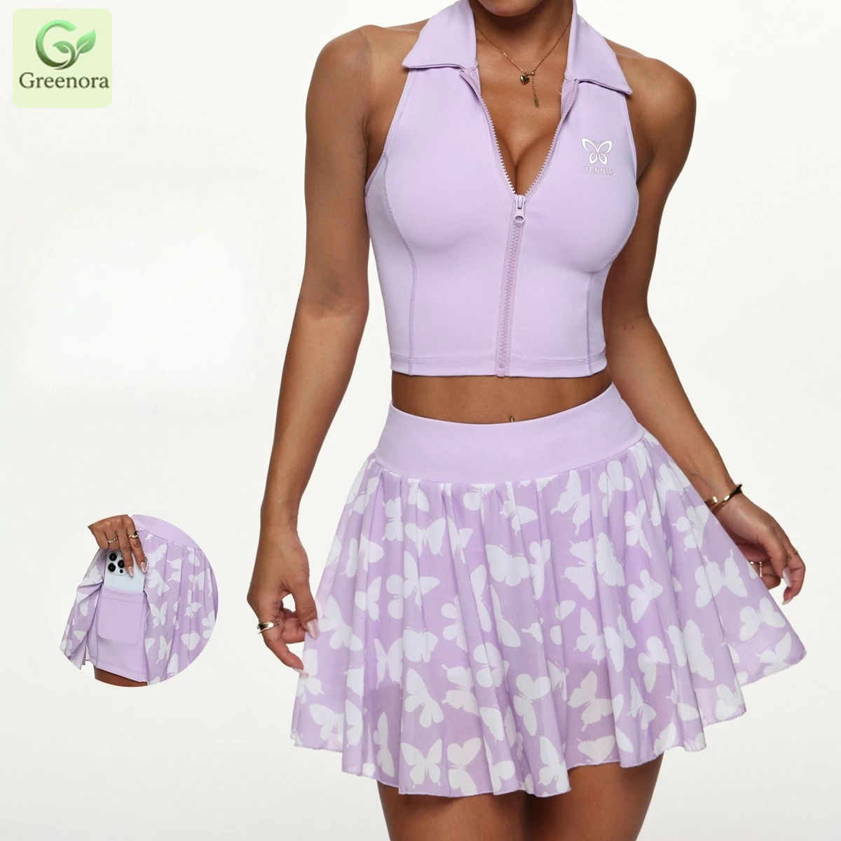 Greenora Women's Tennis Skirt Set Butterfly Print Activewear Sleeveless Zip Up Crop Top Fitness Yoga Workout Matching Outfit