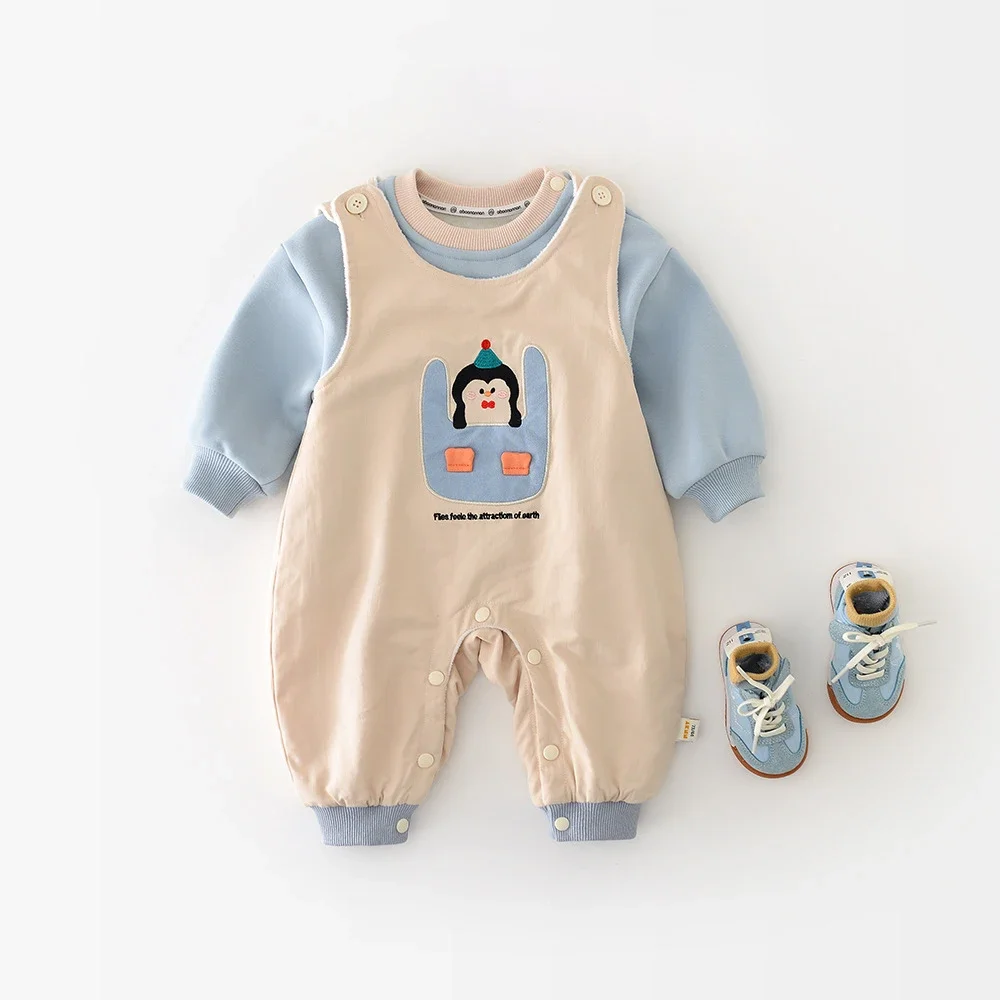 

MILANCEL New Winter Baby Rompers 6M-3Y Cartoon Penguin Infant Girls Thicken Overall Loose Letter Toddler Fleece Padded One Piece
