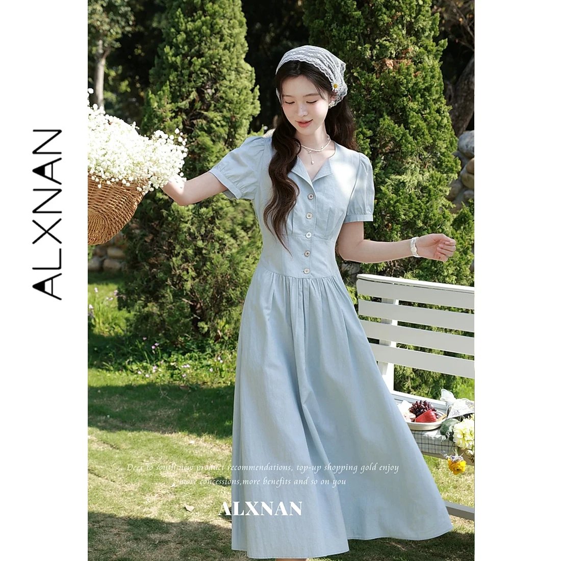 

ALXNAN Summer Dress Women Elegant Blue French A-line Long Dress Casual Evening Party Dresses Female Fashion Maxi Dress L63701