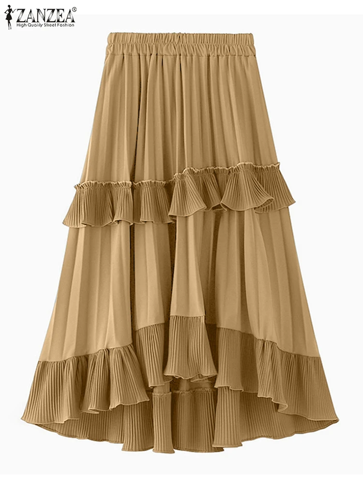 ZANZEA Vrouwen Plooiende Losse Jupes Koreaanse Casual Effen Kleur Rok Mode Elastische Taille Verstoorde Stiksels Overrokken 2023 Jupe