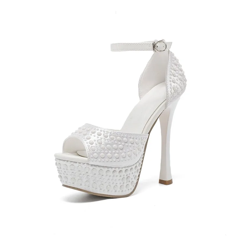 New Women's Fashion Pearl Sexy High-heeled Sandals Waterproof Table 13CM Super High-heeled Sandals Size 35-41