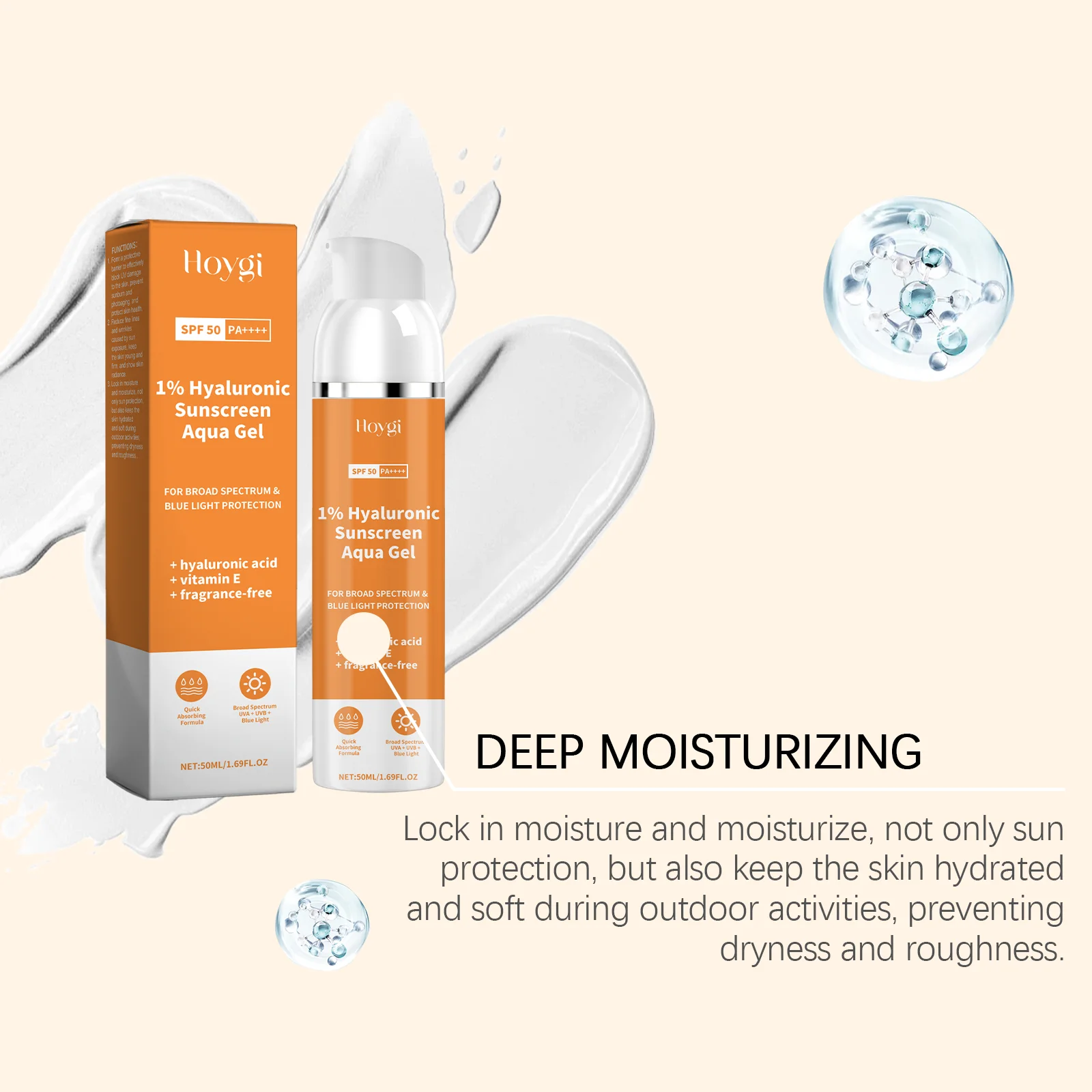 حمض الهيالورونيك SPF 50+ حماية من الأشعة فوق البنفسجية، كريم عزل واقي من الشمس مضاد للأكسدة، خفيف الوزن، كوري، مناسب لجميع أنواع البشرة
