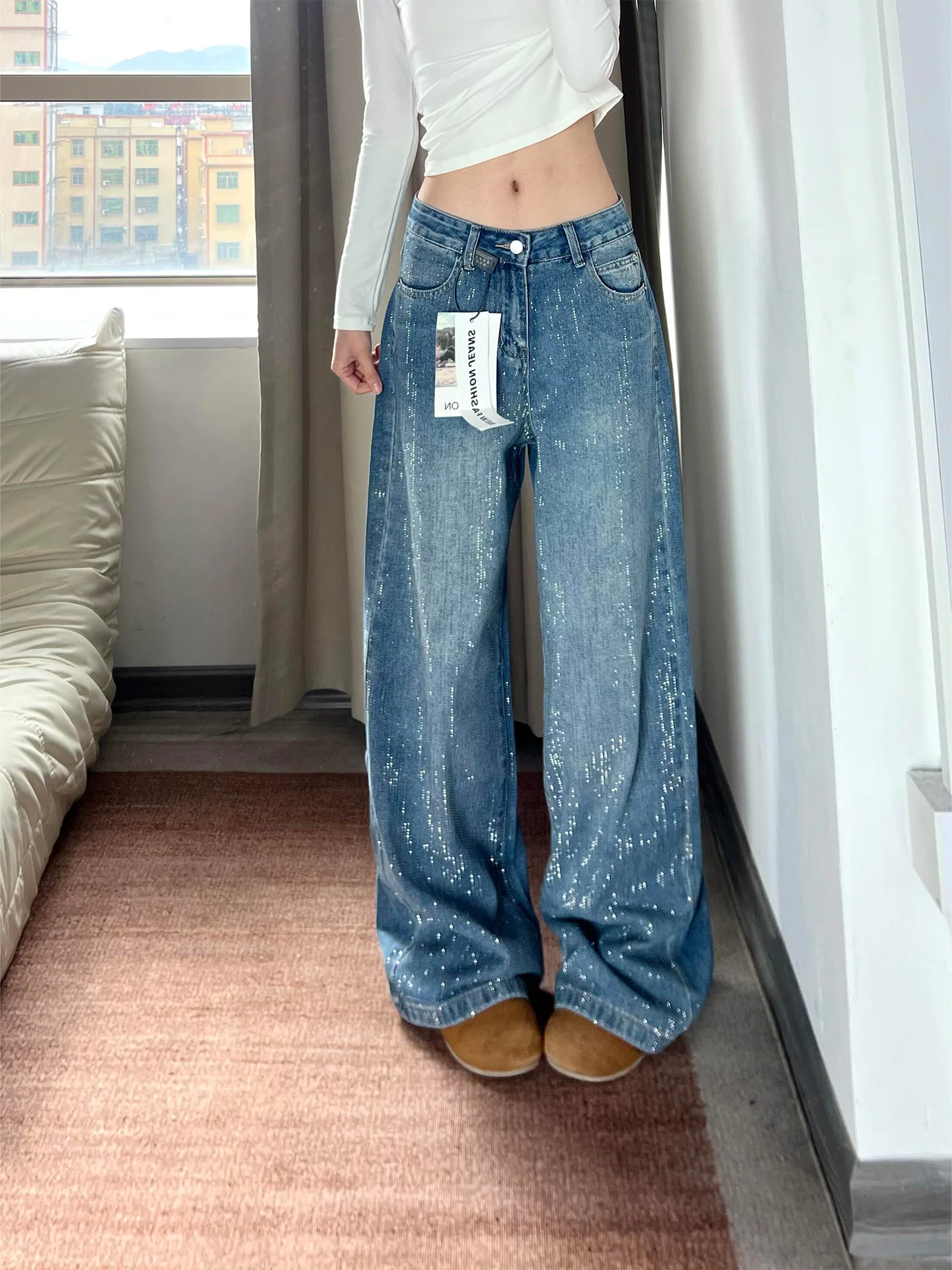 

Loose American Style Glitter Diamond Blue Denim Jeans Women Summer New Fashion Slimming Drapey Wide Leg Pants High Waist