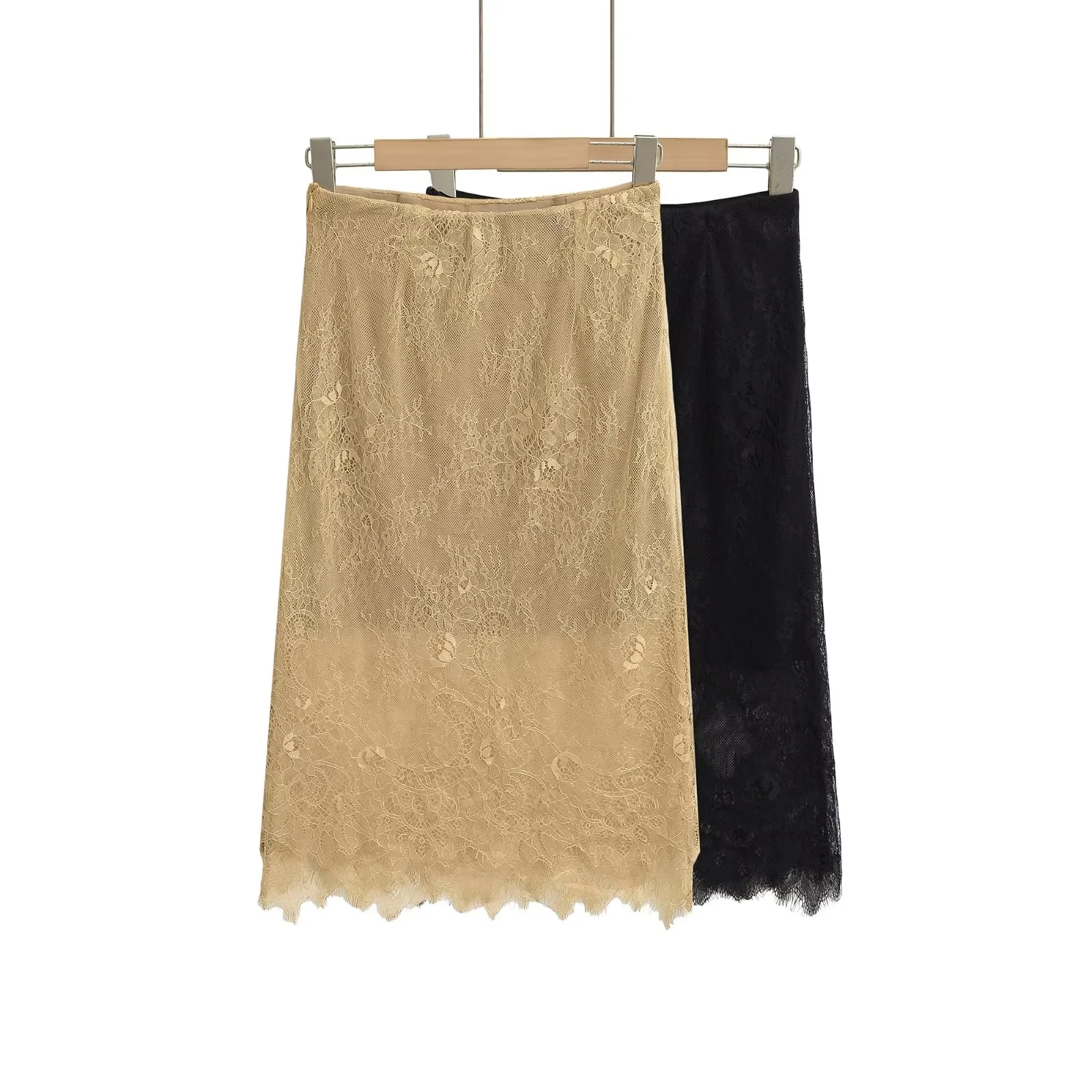 

Ele Gold Embroidered Lace Skirt Slim Fit Midi Length Lightweight Breathable Summer Sexy Women's Faion Skirt