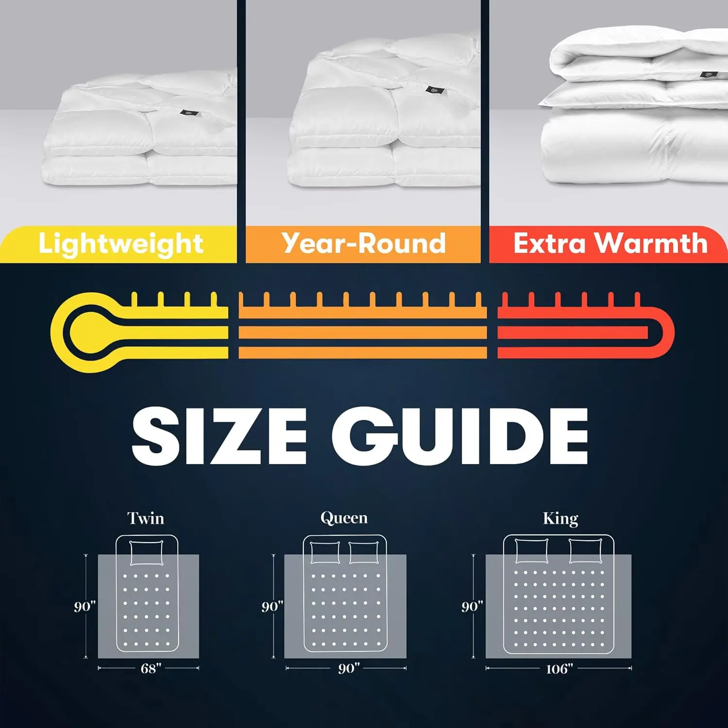 クイーンサイズ グースフェザーダウンコットン掛け布団 - 低刺激性 オールシーズン 中温 90x90インチ ホワイト