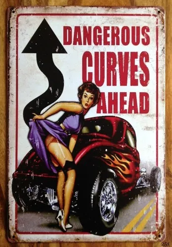 Retro Metal wall sign DANGEROUS CURVES AHEAD man cave / car showroom plaque 30cm --Tin Sign