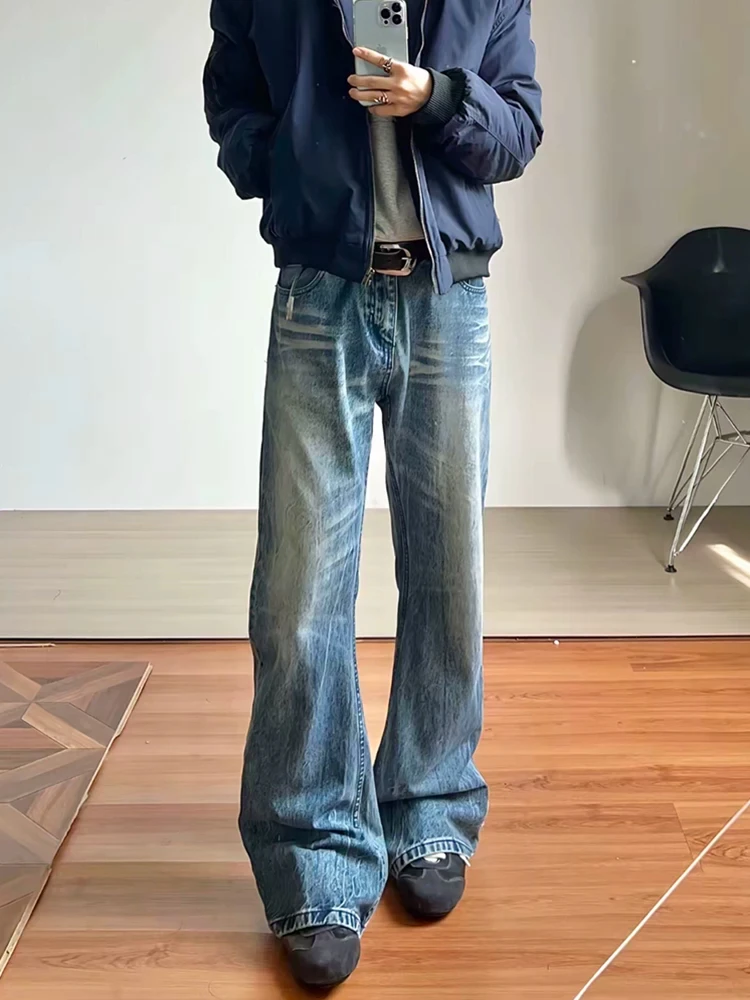 Retro Blue Lightning Pattern Men's Jeans High Street American Style Straight Leg Micro Flared Pants Lengthening Legs Effect