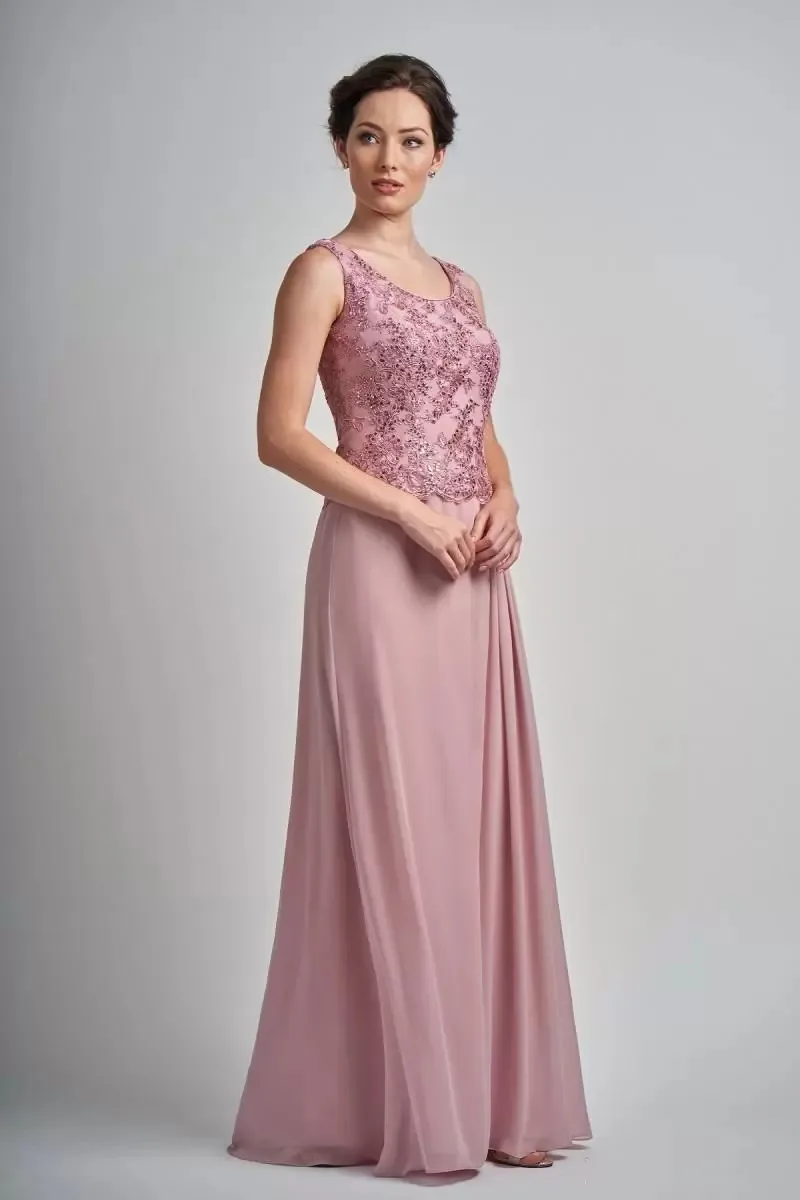 Moderno blush rosa mãe da noiva vestido jewel neck sem mangas apliques duas peças chiffon casamento convidado dresss chão comprimento