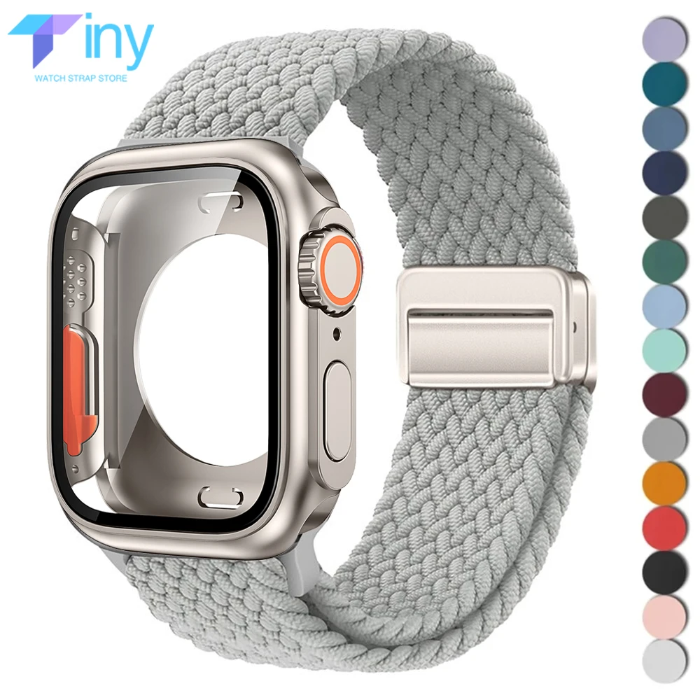 Strap+Case for Apple Watch Band 45mm 44mm 41mm 40mm Nylon Magnetic Bracelet Upgrade Ultra 49MM for Iwatch Series 9 8 7 6 SE 5 4