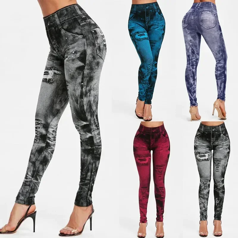 Women's High-Waist Imitation Jeans Stretch Leggings Slim Fit Push-Up Gym Streetwear Casual Fashion Ladies' High Waist Leggings