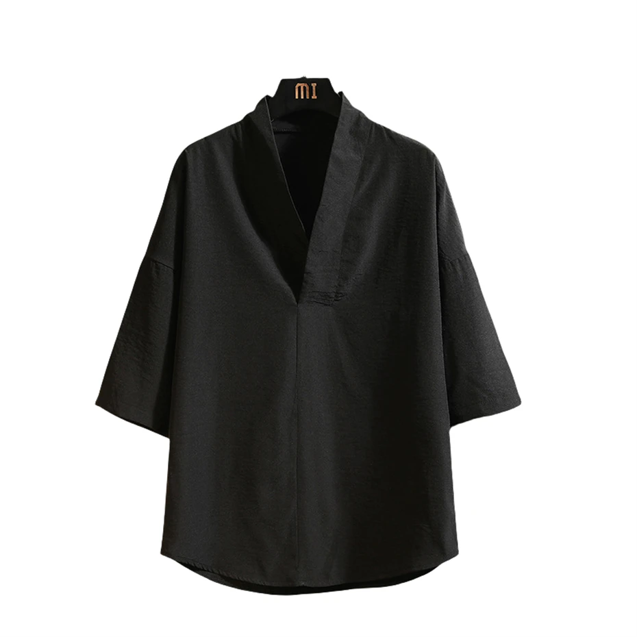 Shirts Men Solid Pullover V Neck Three Quarter Mens Kimono Shirts Traditional Streetwear Blouse Chinese Style Linen Shirts Man