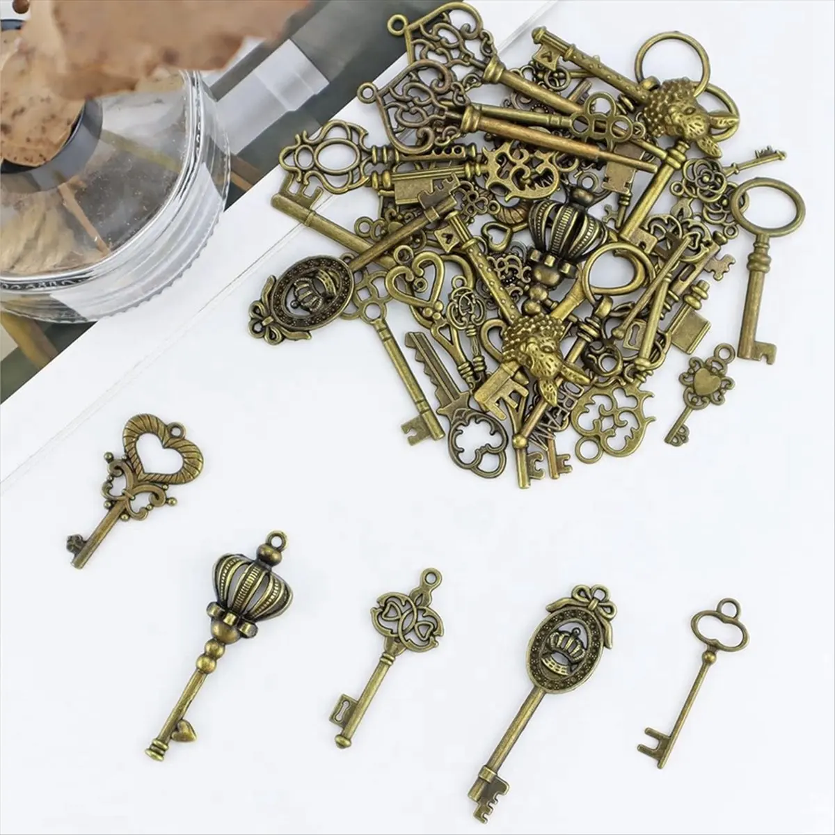 FTGT-46Pcs/Set Mix Kit Old Looking Retro Antique Brass Bronze Decorative Vintage Key for Steampunk Charms Pendant Jewelry