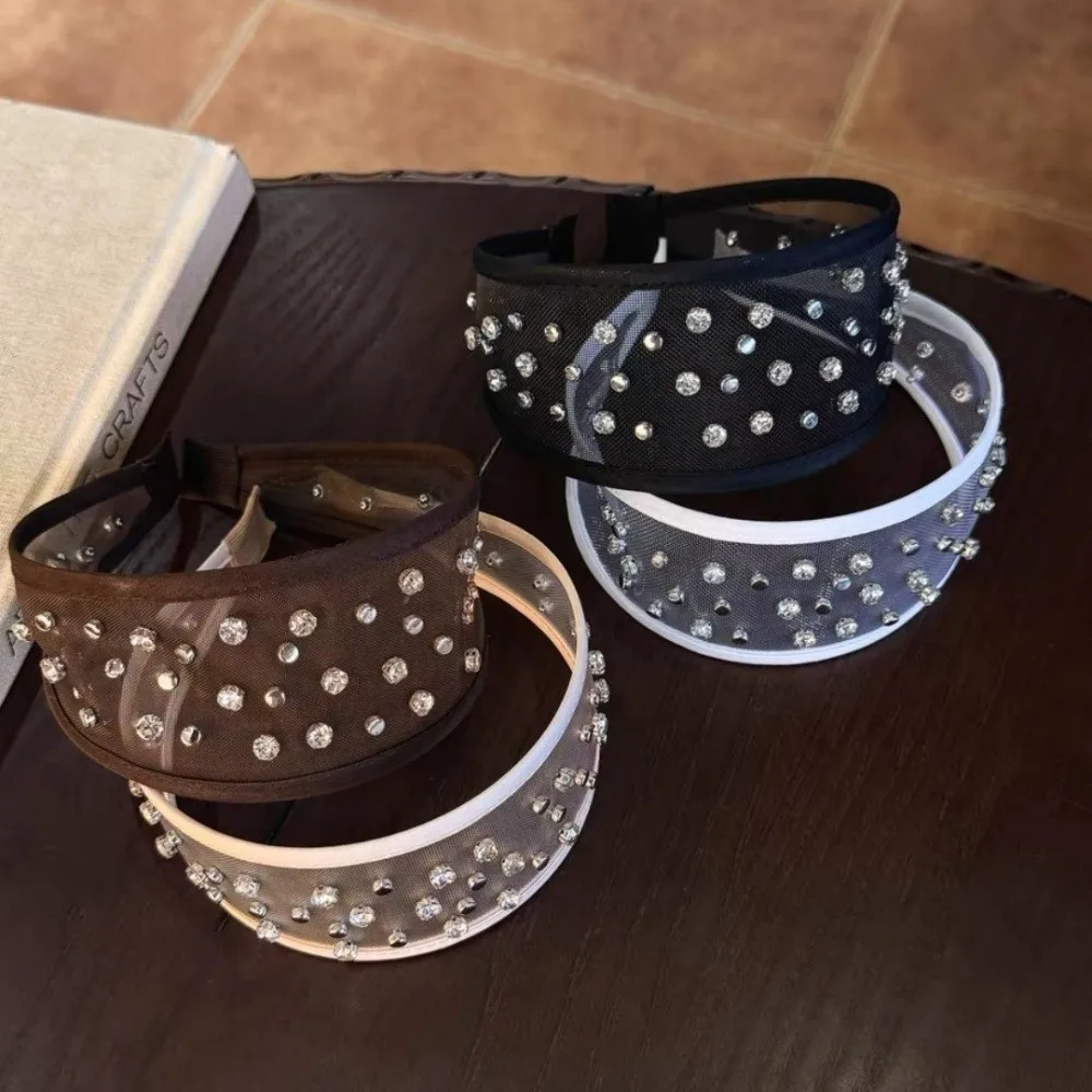 Diadema de malla con pedrería brillante, diseño abierto, accesorio de moda para el cabello, aro ancho y ligero con pedrería para un look de fiesta