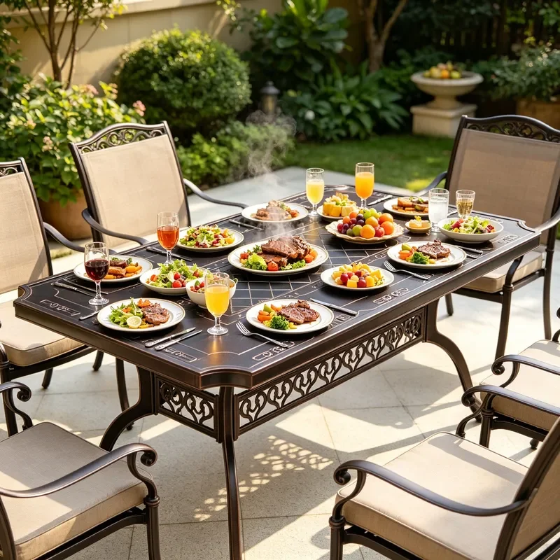 Outdoor Cast Aluminum Rectangular Retro Dining Table Patio Chessboard Engraved Long Table Waterproof Rust Proof