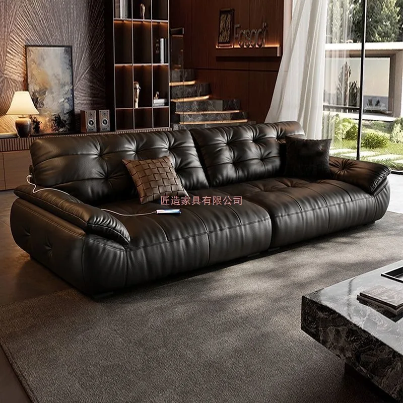 Italian Black Multifunctional Leather Sofa Living Room Modern Cowhide Simple Small Apartment Cloud Leather Art Straight Row Inte