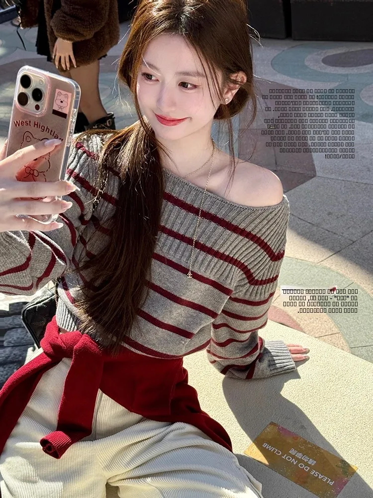 

Вязаный свитер Cisas в красную полоску для женщин, осенне-зимний, маленький размер, на одно плечо, премиум-класса, элегантный, для повседневной носки