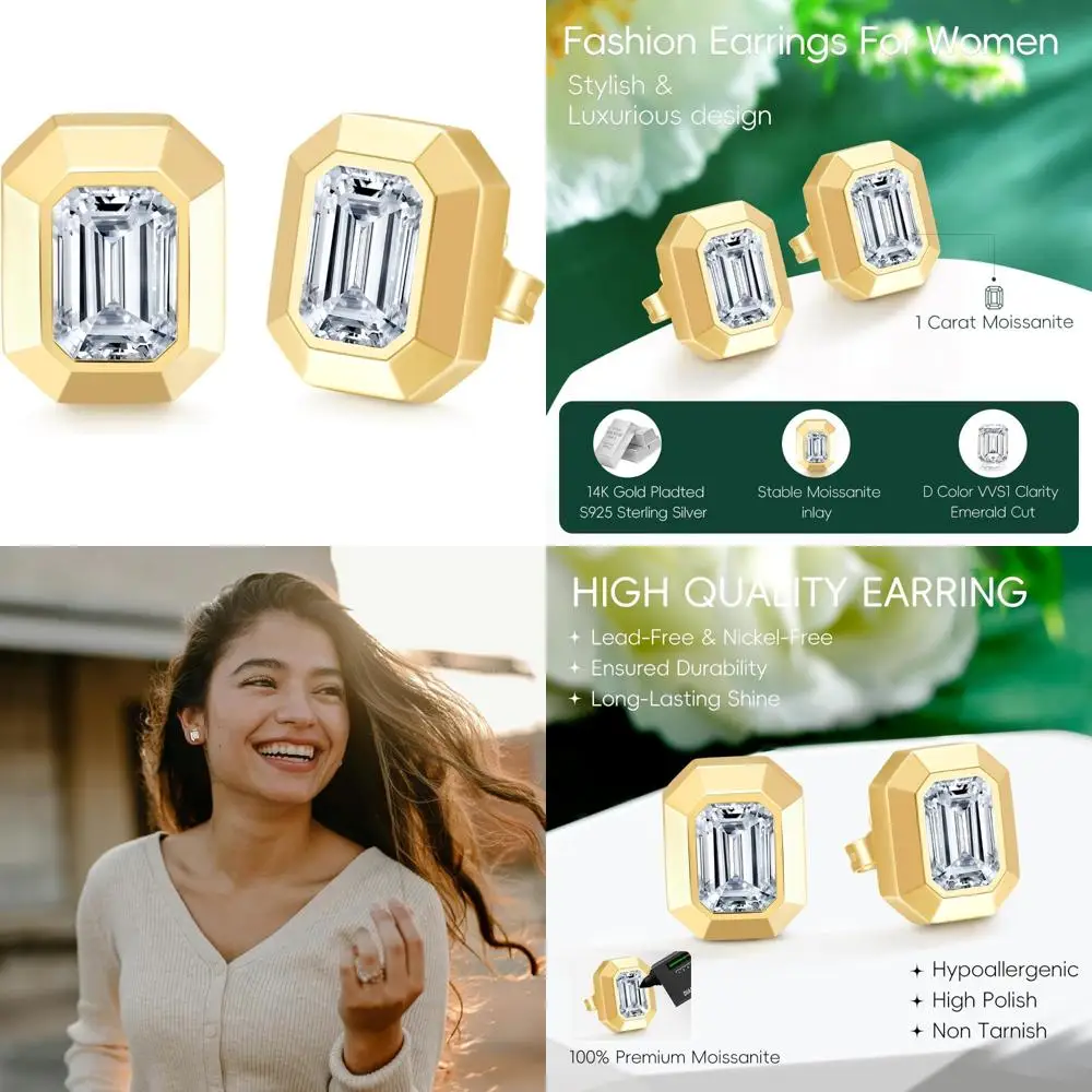 

1 Carat Emerald Cut Moissanite Stud Earrings in 925 Sterling Silver with 14K Gold Plating for Women | D Color VVS1 Clarity Premi