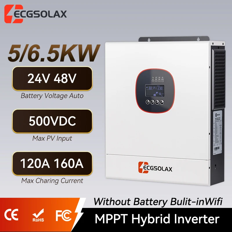 ECGSOLAX 5KW 6.5KW Solar Hybrid Inverter 24V 48V 230Vac With MPPT 120A 160A Charging Controller Built-in WIFI Solar Inverter