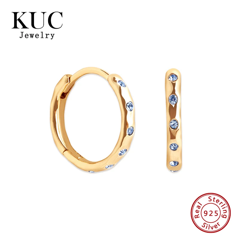 

Stackable Plata 925 Sterling Silver 18k Gold Plated Chic Fine Jewelry Textured Blue Zircon Hoop Earrings
