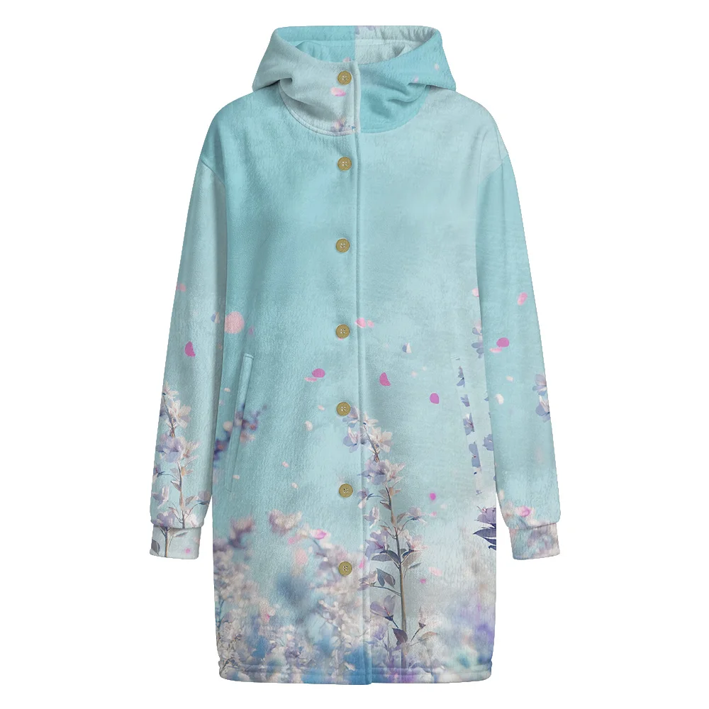 

Женский плащ с капюшоном и цветочным принтом, коллекция с пуговицами спереди, яркие узоры для осенне-зимней модной верхней одежды