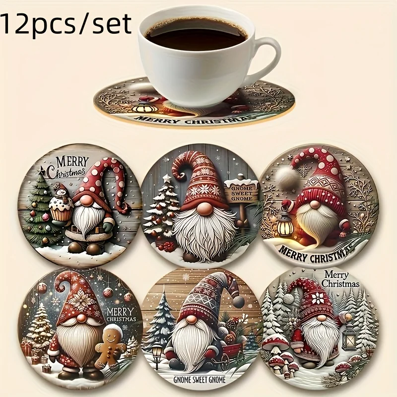 Juego de 12 Posavasos de Madera con Diseño de Duendes Navideños, Antideslizantes y Aislantes para Bebidas, Té, Café, Decoración para el Hogar, Restaurante, Regalo de Navidad
