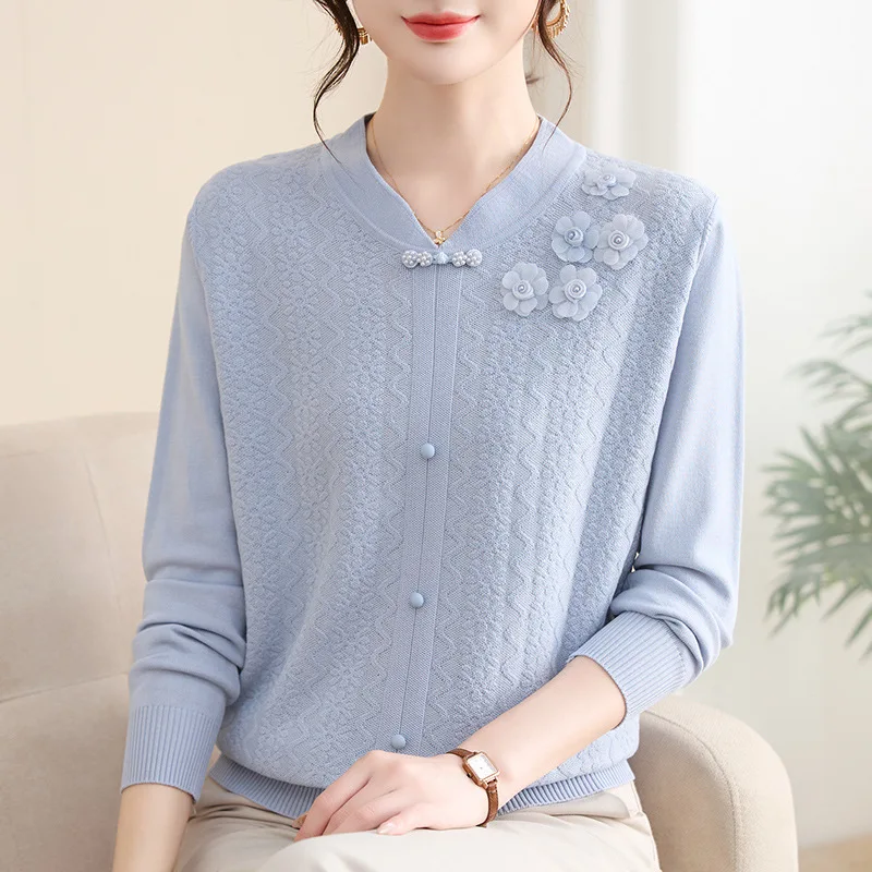 Woman Clothing New V Neck Long Sleeve Tops Spring Autumn Pullover Sweater Elegant Buttons Knitwear Blouse Mother Pull Jumper