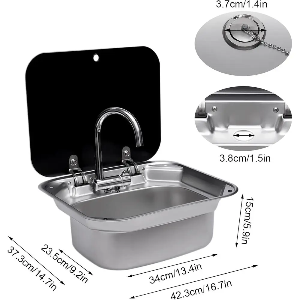 Caravan or Boat Stainless Steel Hand Wash Basin Sink with Folded Faucet Tempered Glass Lid for RV Caravan Camper Trailer Accesso