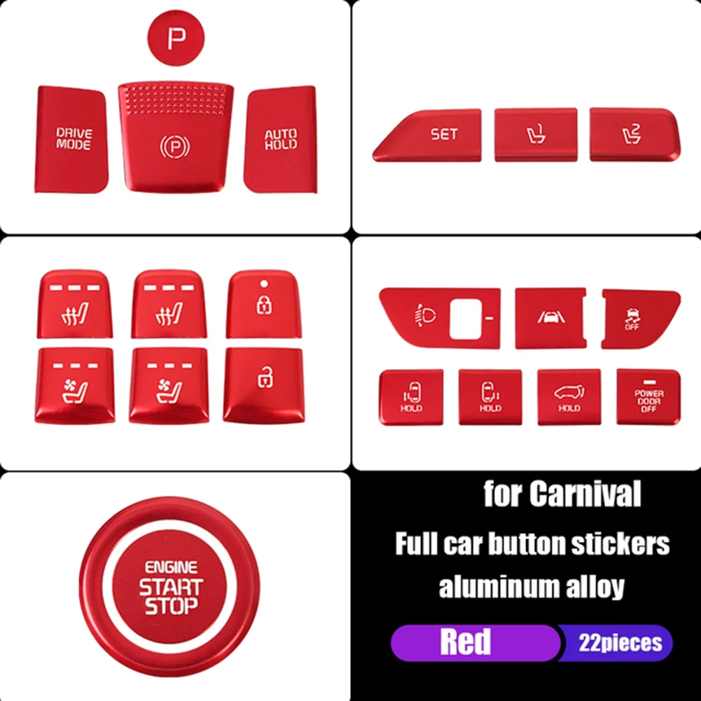 22Pcs Car Central Control Start Gear Seat Button Sticker Cover Trim for Carnival 4 KA4 2020 2021 2022 Red