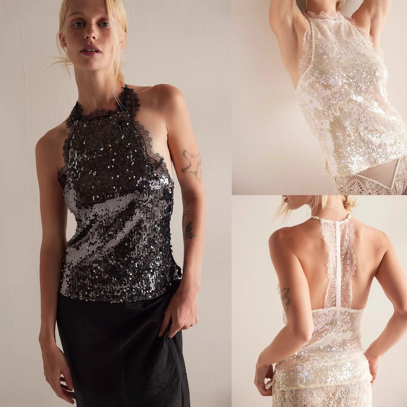 Y2K Women Halter Neck Tank Top Sexy Sleeveless Backless Sequin Decor Crop Top Summer Fashion Casual Club Party Vest Streetwear