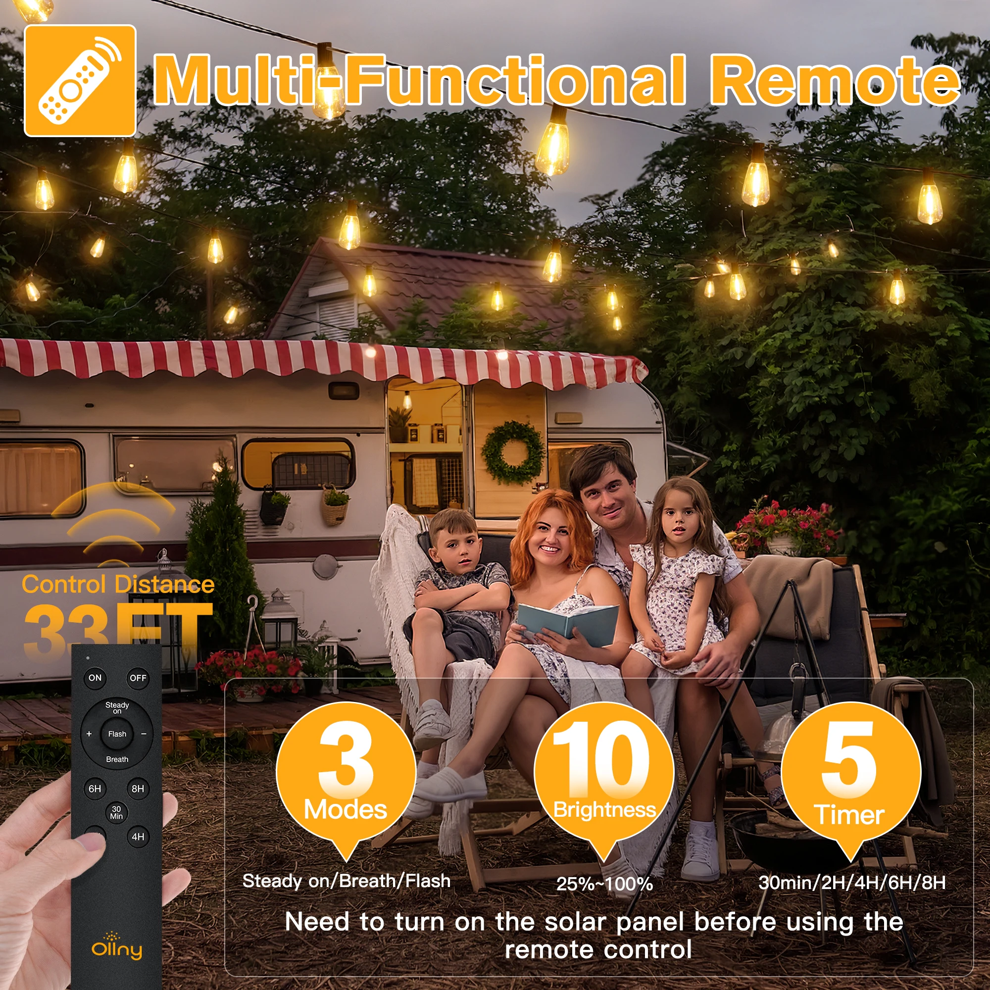 Ollny ST38 Solar String Lights, USB&Solar Dual Charging Waterproof Outdoor Lights, 3Modes 5Timers 2200K Patio Light for Camping