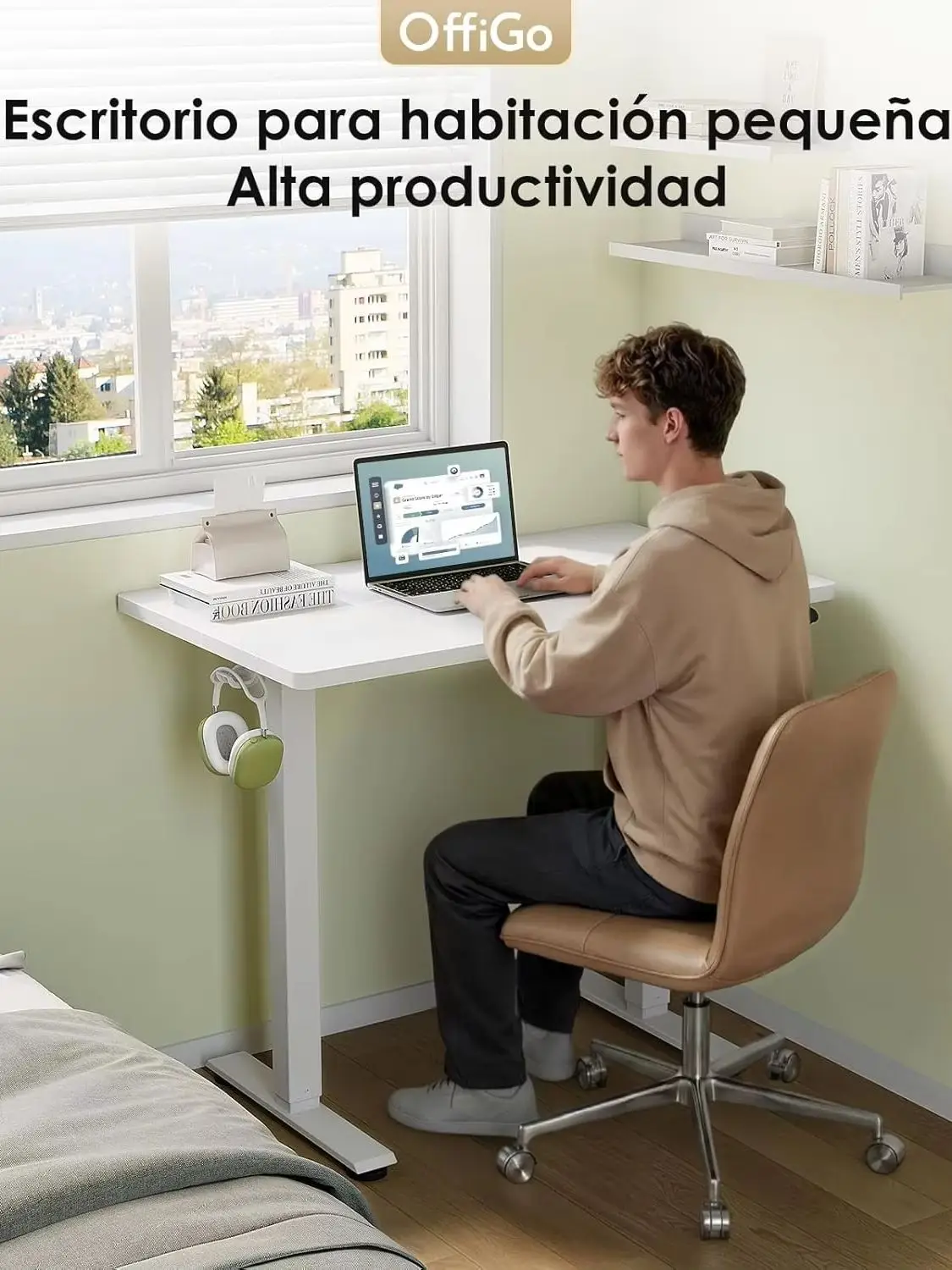 Offigo Kleiner Höhenverstellbarer Schreibtisch, Höhenverstellbarer Tisch, mit 3 Höhenspeichern, Höhenverstellbarer Tisch für Home-Workstations, Kompakter Computertisch für Kleine Räume, 80 cm, Weiß