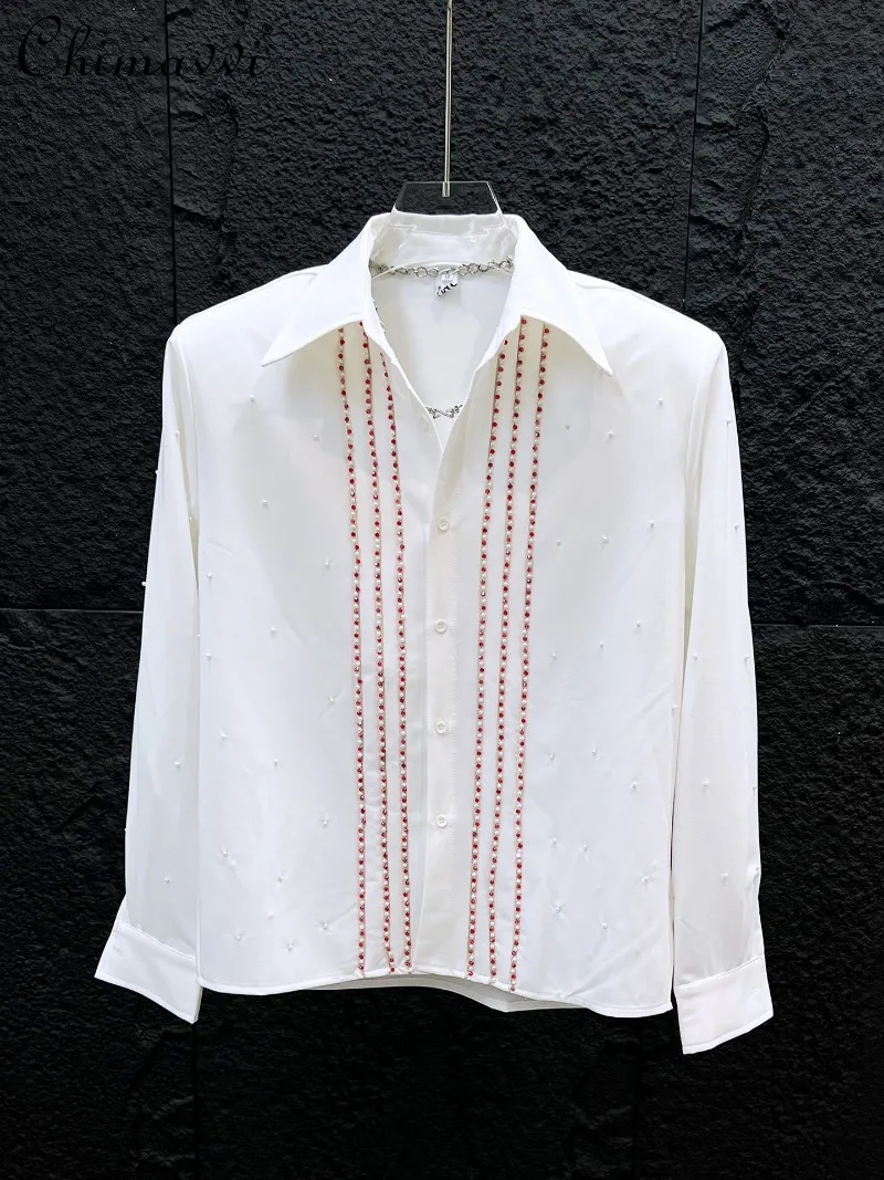 

Heavy Fashion Pearl Embellished Long Sleeve Shirt Men's Korean Style Wide Shoulder Blouse Top Spring and Autumn 2026 New