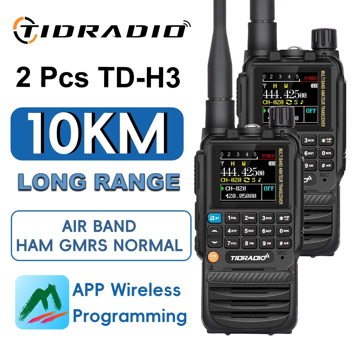 TIDRADIO H3 2PCS Walkie Talkies Programação sem fio de longo alcance Air Band Tow Way Ham Radio Conjunto sem fio USB recarregável