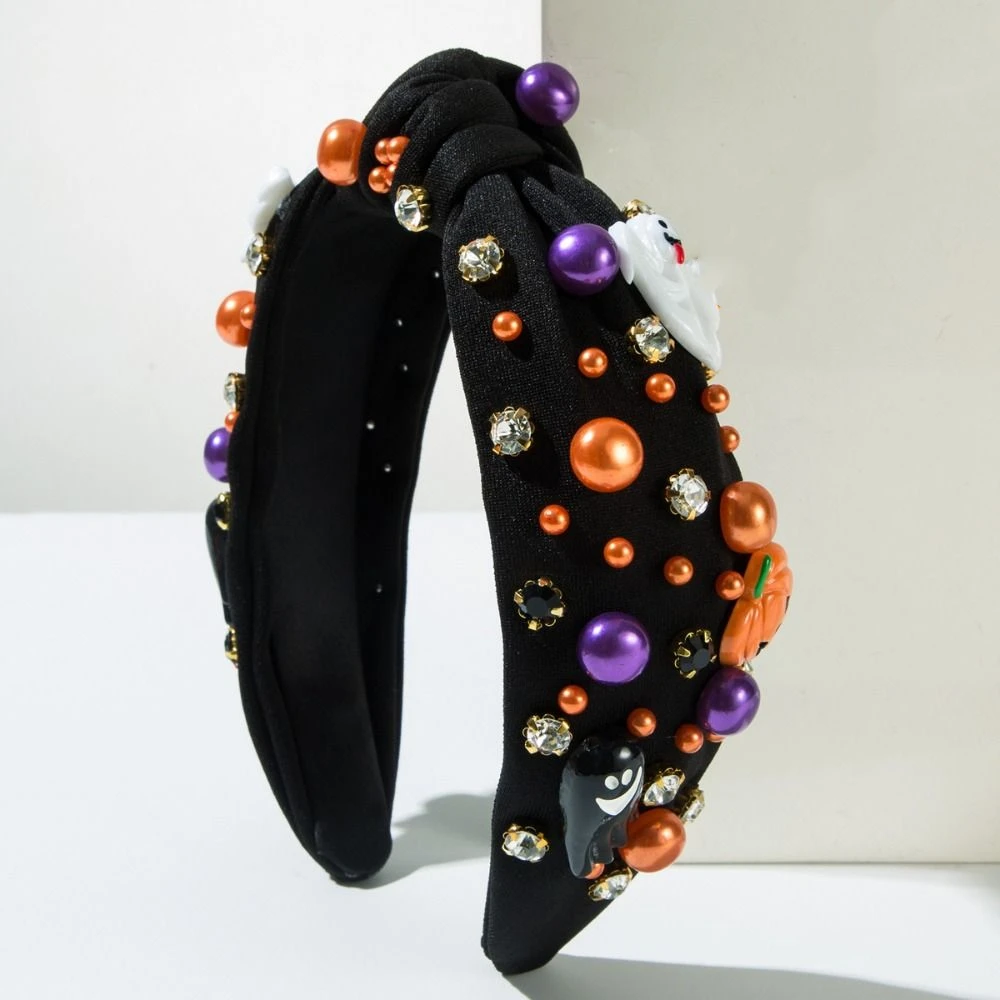 

Ghost Halloween Rhinestone Pearl Hairband Wide Edge Knot Style Halloween Pearl Head Hoop Luxury Fashion Pumpkin Baroque Headband