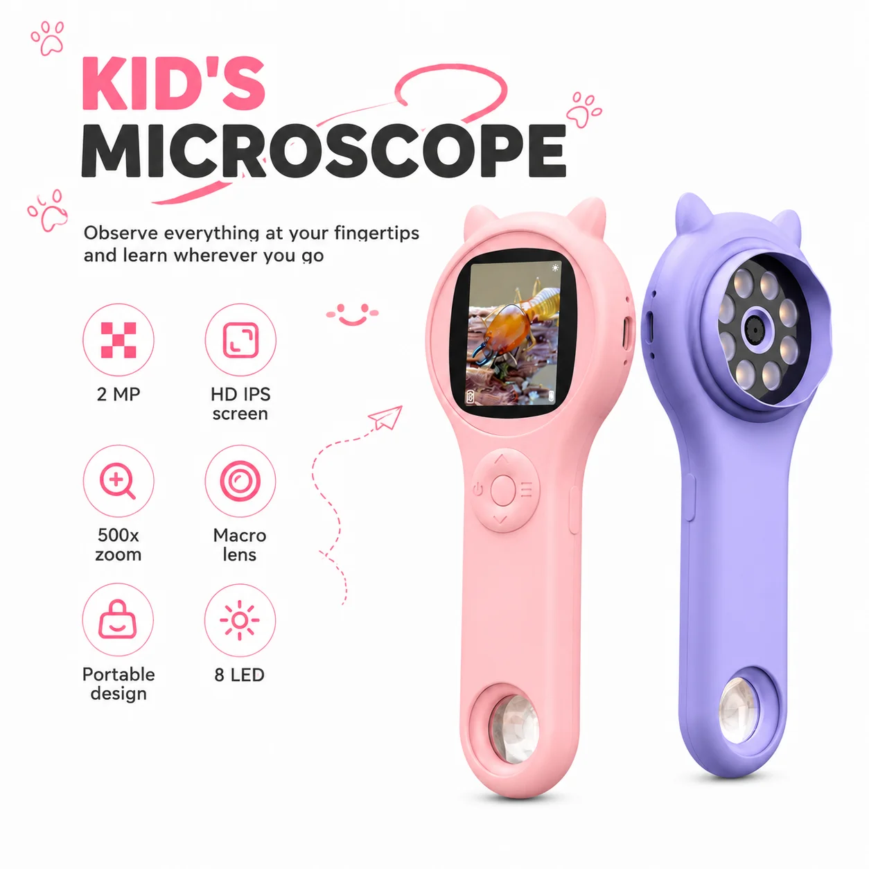 Microscope pour enfants 500x, microscope portatif, jouets éducatifs d'exploration scientifique, cadeaux d'anniversaire pour Halloween, cadeaux de Noël