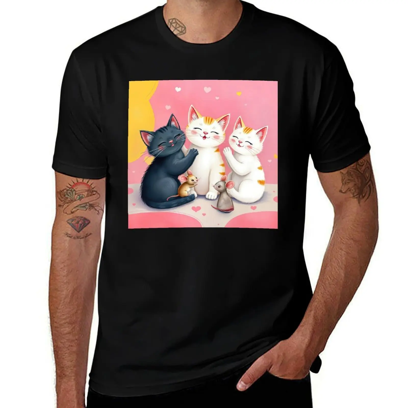 

Cute Cats With Mice and Hearts T-Shirt oversized rapper graphic tees vintage anime shirt men t shirts