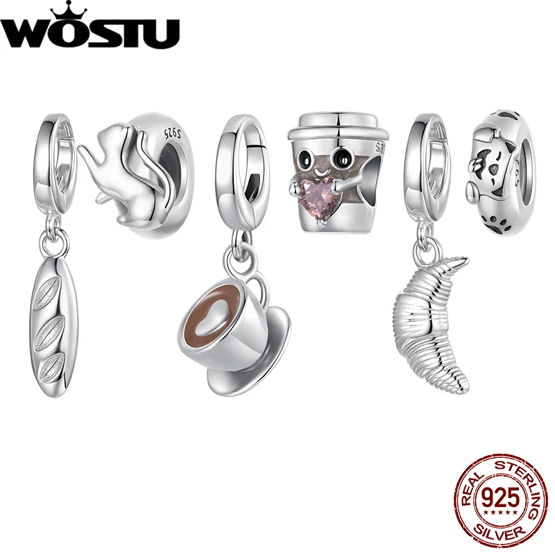 WOSTU 925 Sterling Silver Coffee Cup Charm Clasp Puppy Silicone Spacer Bead Pendant Cat Original Fit for Women DIY Fine Jewelry