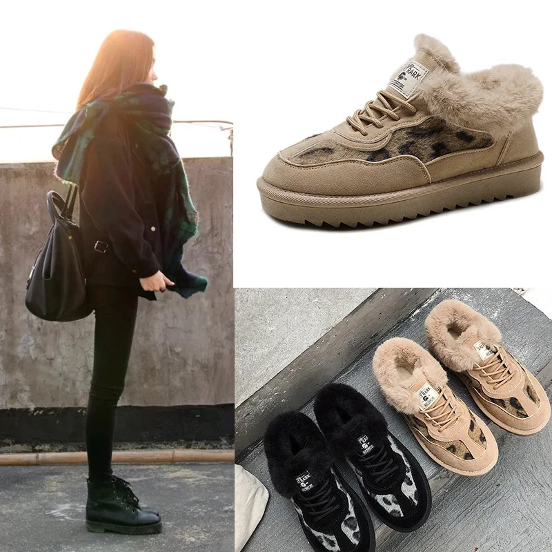 Snow Boots Women's New Winter Leopard Print Lace-up Comfortable and Warm Furry Ankle Boots Daily Outdoor Casual Cotton Boots