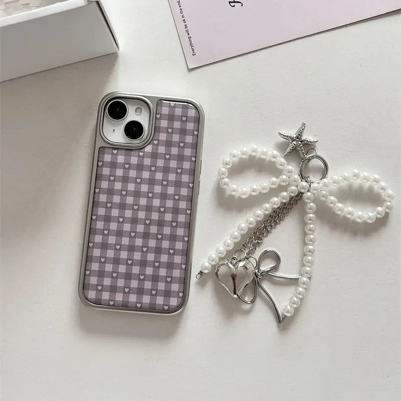 Pink Purple Heart-Shaped Checkered Korean ins Girl Heart Cute Phone Case For Samsung S 23 24 25 26 FE ULTRA EDGE PLUS Y2K Cover view 4